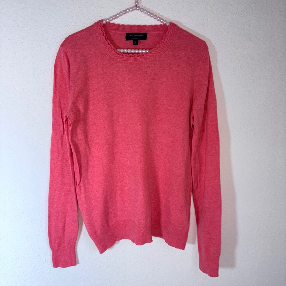 Banana Republic Sweater Small Pink Scalloped Crewneck Cotton Cashmere Blend